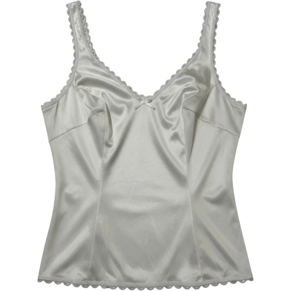 Vintage Y2K Tank Top White Sheer Nylon Lace Trim M Fairy Coquette Layer Soft
